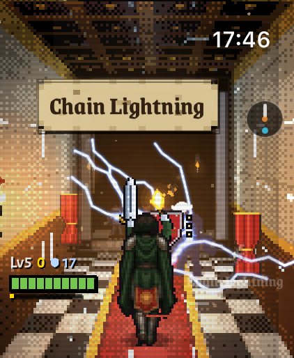 Chain Lightning arcing down a castle corridor around the hero