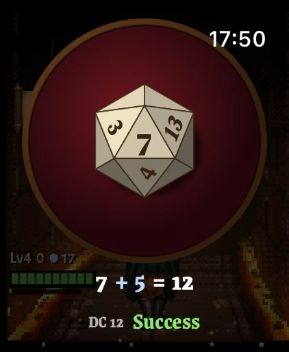 A d20 landing on 7: 7 plus 5 is 12 against DC 12, a success