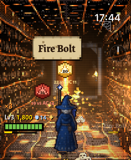 A wizard's fire spell setting the corridor alight, with attack rolls in the air